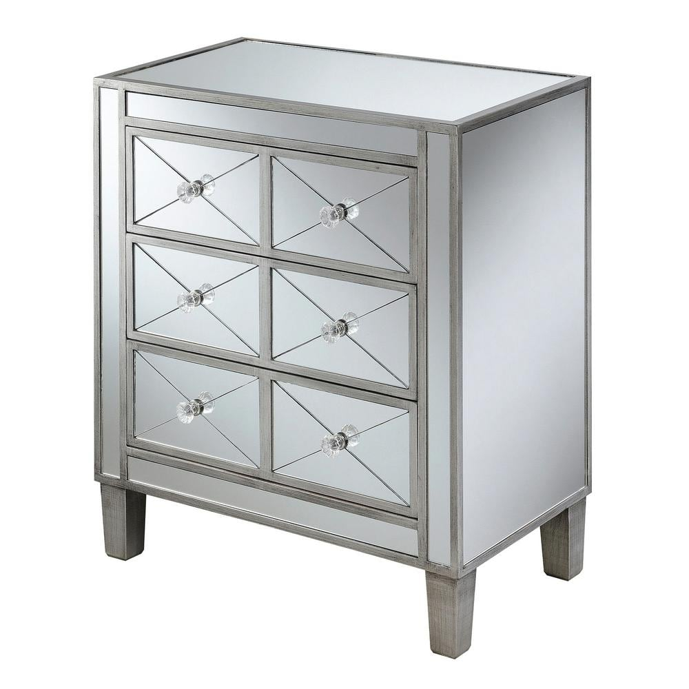 Convenience Concepts Gold Coast BettyB Mirrored 3 Drawer End Table, Antique Silver/Mirror