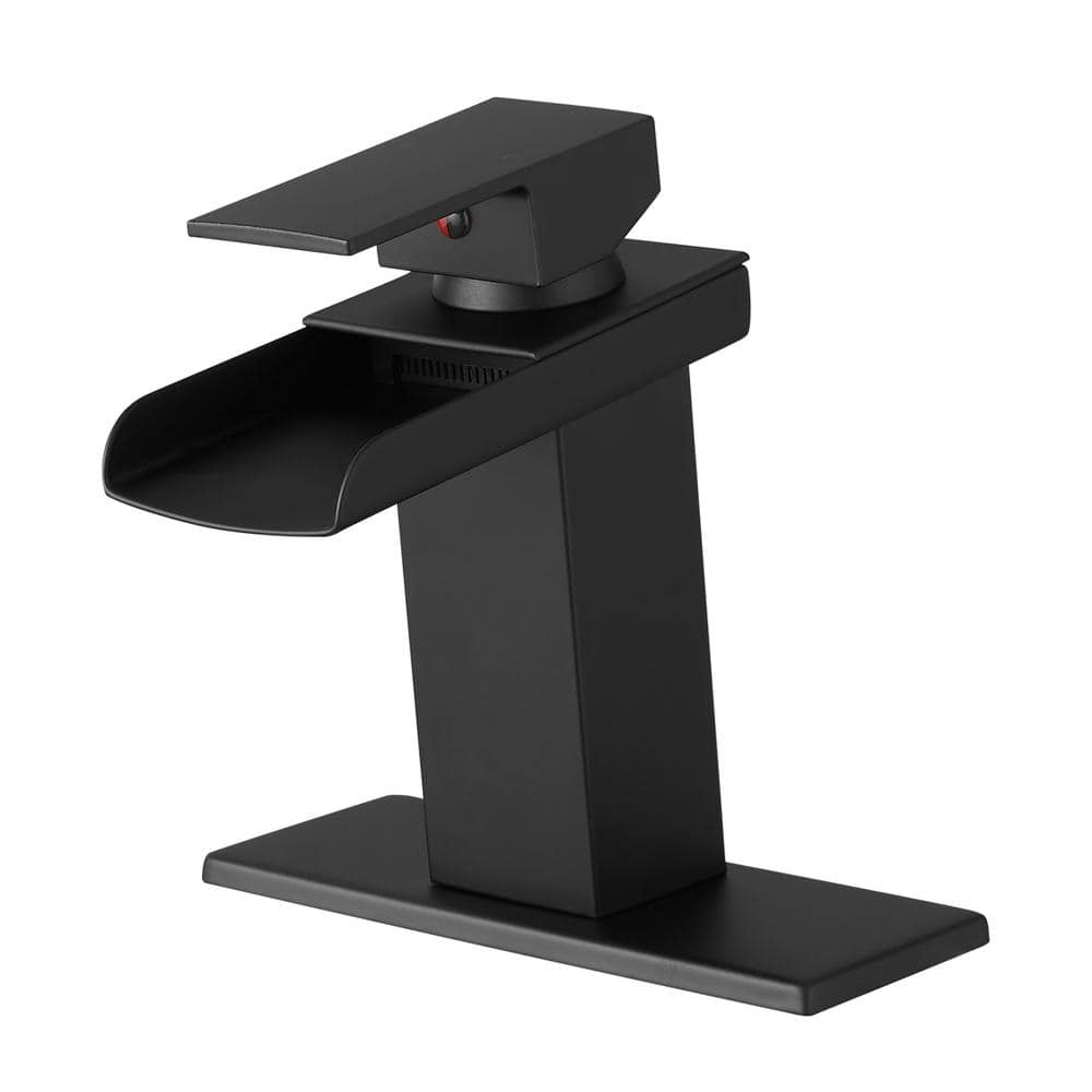BWE Black Bathroom Faucet Waterfall Single Handle Bathroom Faucet One Hole Bathroom Sink Faucet with Supply Line Lavatory Vanity Mixer Tap Deck Mounted Matte Black