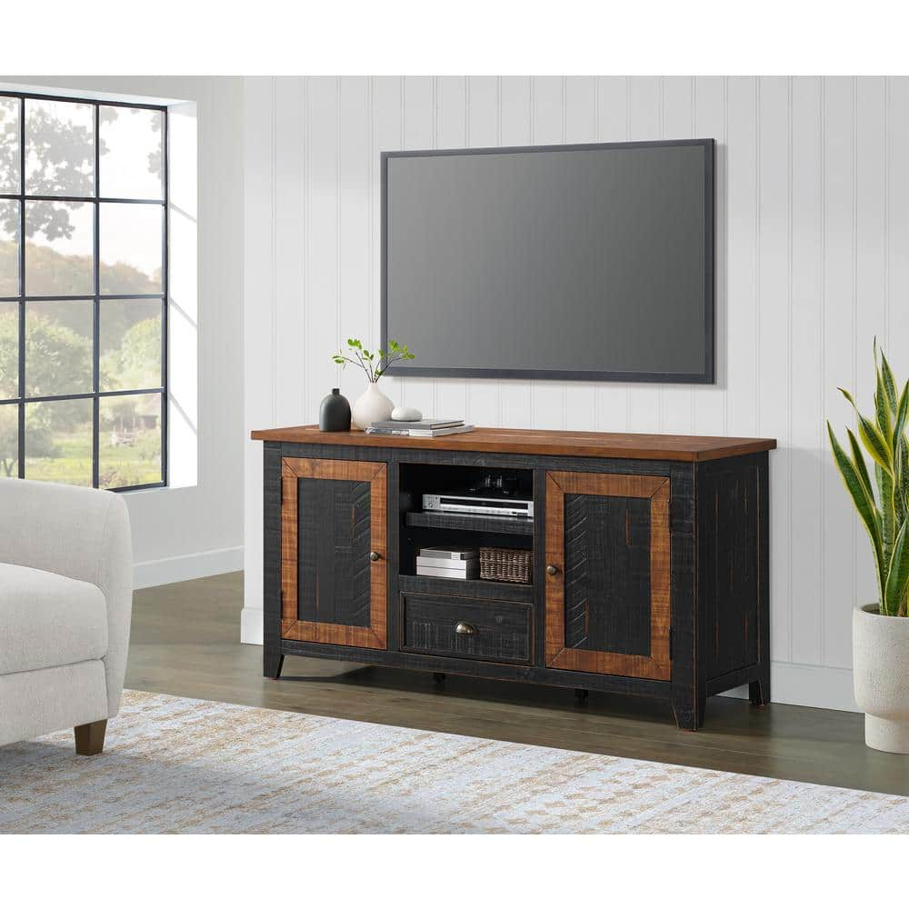 The Gray Barn  Downington Solid Wood 60-inch TV Stand Black and Honey Pine Finish, Wood Finish Adjustable Shelving Nautical & Coastal, Rustic