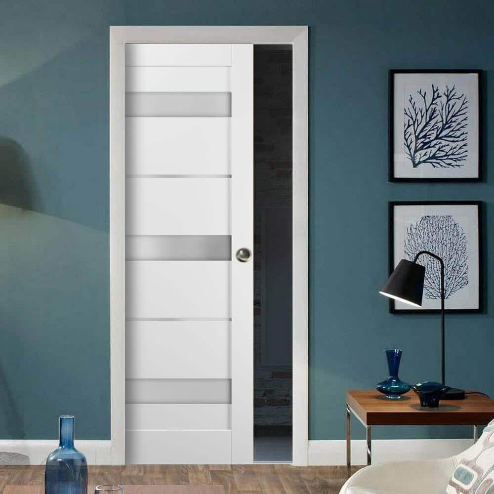 Panel Lite Pocket Door 36 x 84 with Frames | Quadro 4055 White Silk with Frosted Opaque Glass | Kit Trims Rail Hardware | Solid Wood Interior Pantry Kitchen Bedroom Sliding Closet Sturdy Doors
