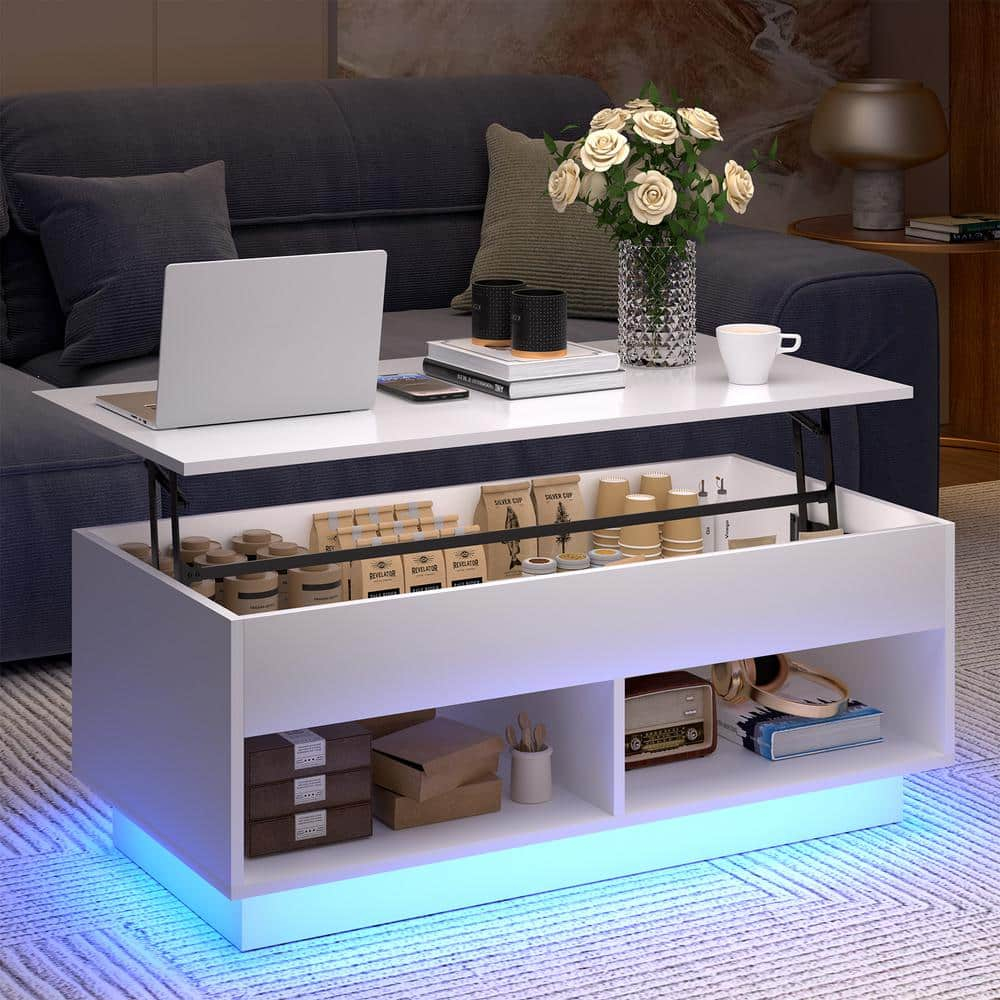 40" Modern Lift Top Coffee Table with Hidden Compartment White Coffee Table with LED Lights High Gloss Cocktail End Table with Open Shelf