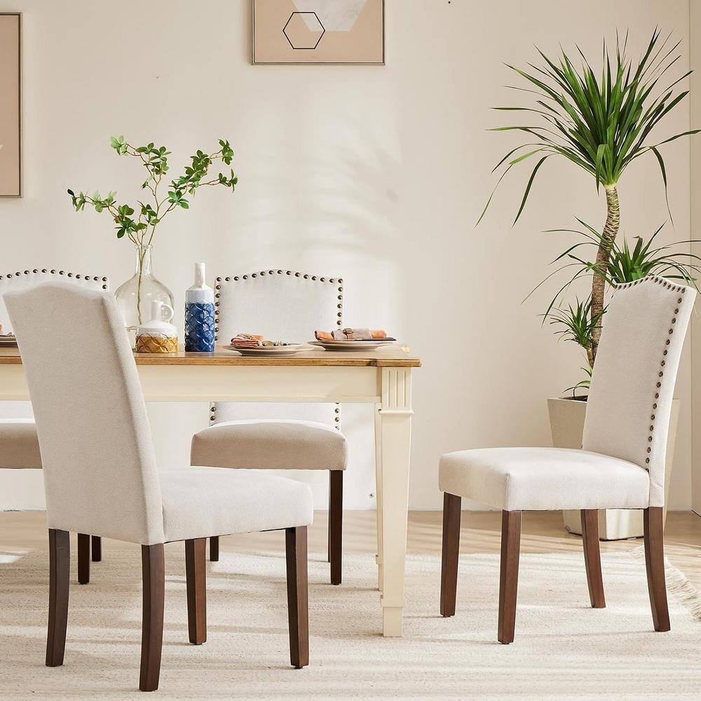 Beige Upholstered Fabric Dining Chairs (Set of 2) with Nailhead Trim and Wood Legs for Living Room Kitchen