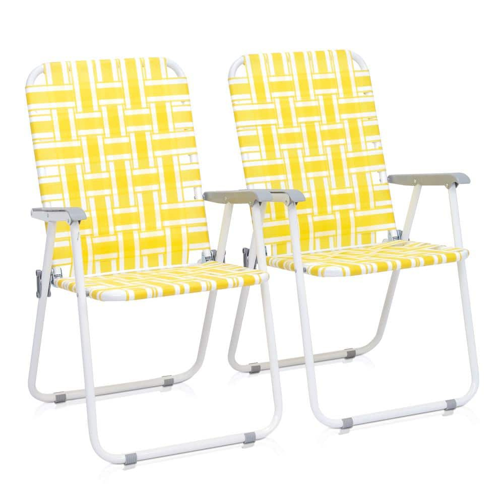 QueelQuest Patio Lawn Webbed Folding Chairs Set of 2, Outdoor Beach Portable Camping Chair for Yard, Garden Dining,Yellow