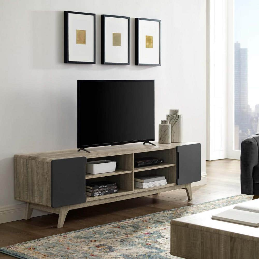 Modway Tread 70" Modern Wood TV Stand for TV up to 76" in Natural/Gray