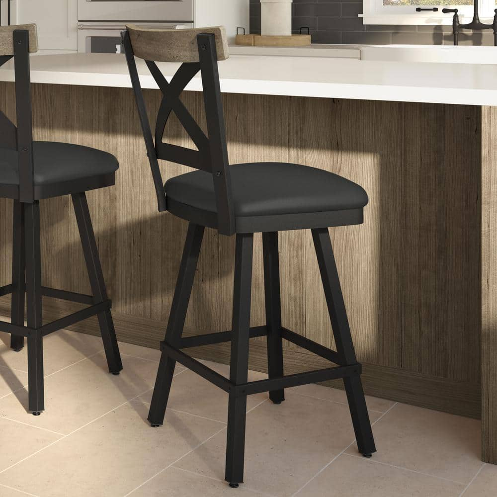 Snyder Industrial Swivel Bar Stool in Black Faux Leather and Beige Wood