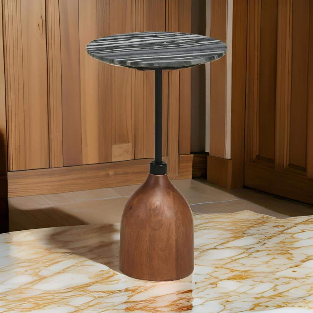 Benjara Side End Drink Table, Round Gray White Marble Top, Pedestal Base 14x14x24