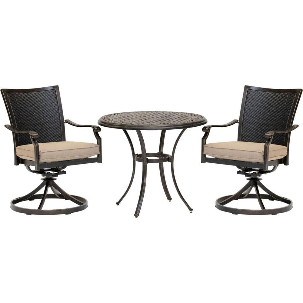Hanover Traditions 3-Piece Outdoor Furniture Patio Bistro Set, 2 Cushioned Wicker Aluminum Swivel Rocker Chairs and 32" Round Cast Table, Natural Oat