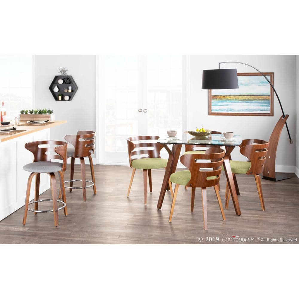 Cosini Mid-Century Modern Counter Stool with Swivel in Walnut and Grey Fabric by LumiSource - Set of 2
