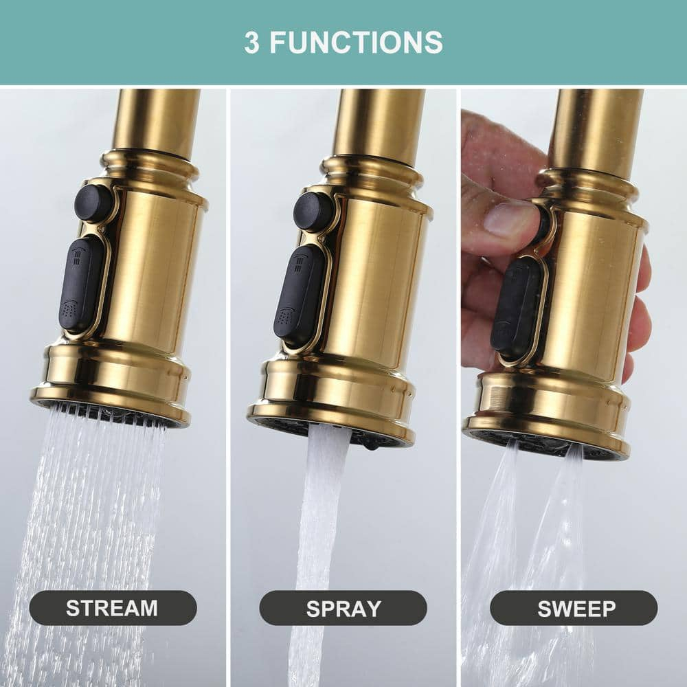 Double Handle Bridge Kitchen Faucet with Advanced Spray in Gold
