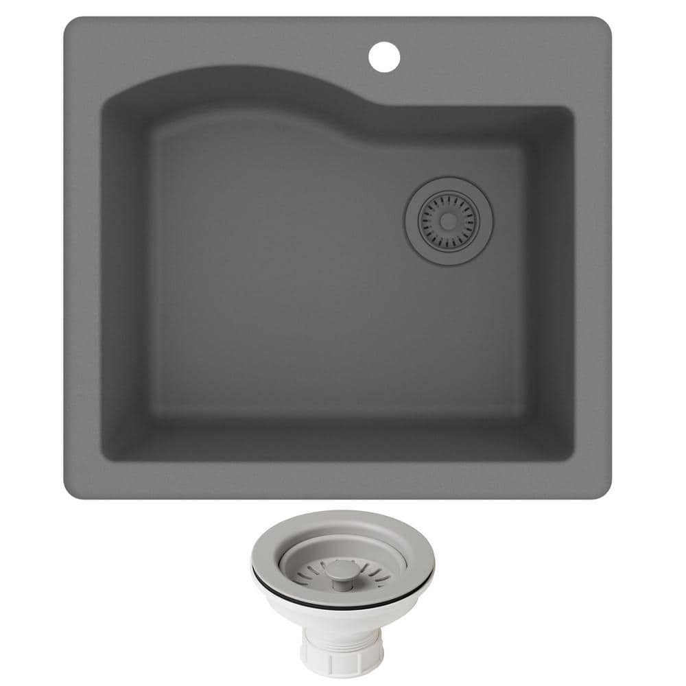 Kraus Quarza 25 Dual Mount Single Bowl Granite Kitchen Sink and Strainer in Grey