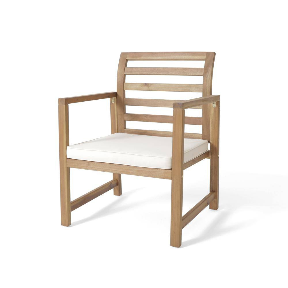 Natural Acacia Wood Lounge Chairs with White Cushions, Set of 2