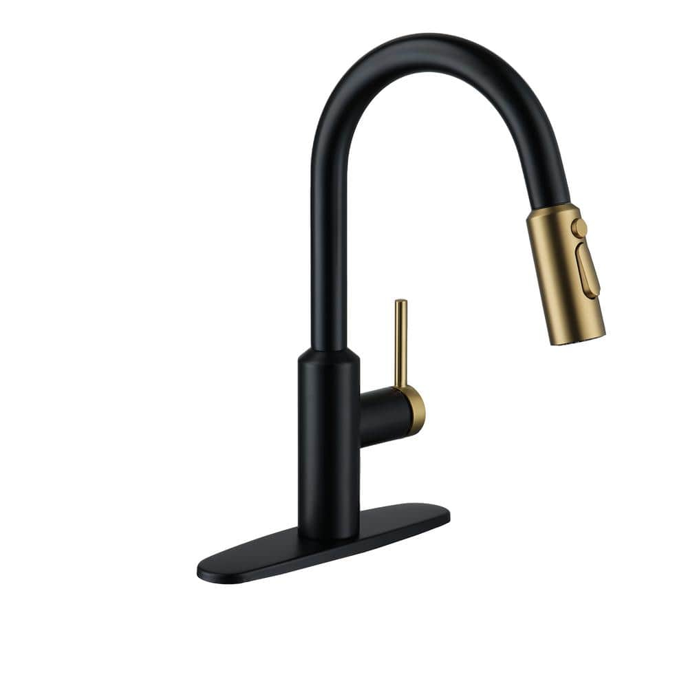 Matte Black and Brushed Gold Stainless Steel Pull Down Kitchen Faucet