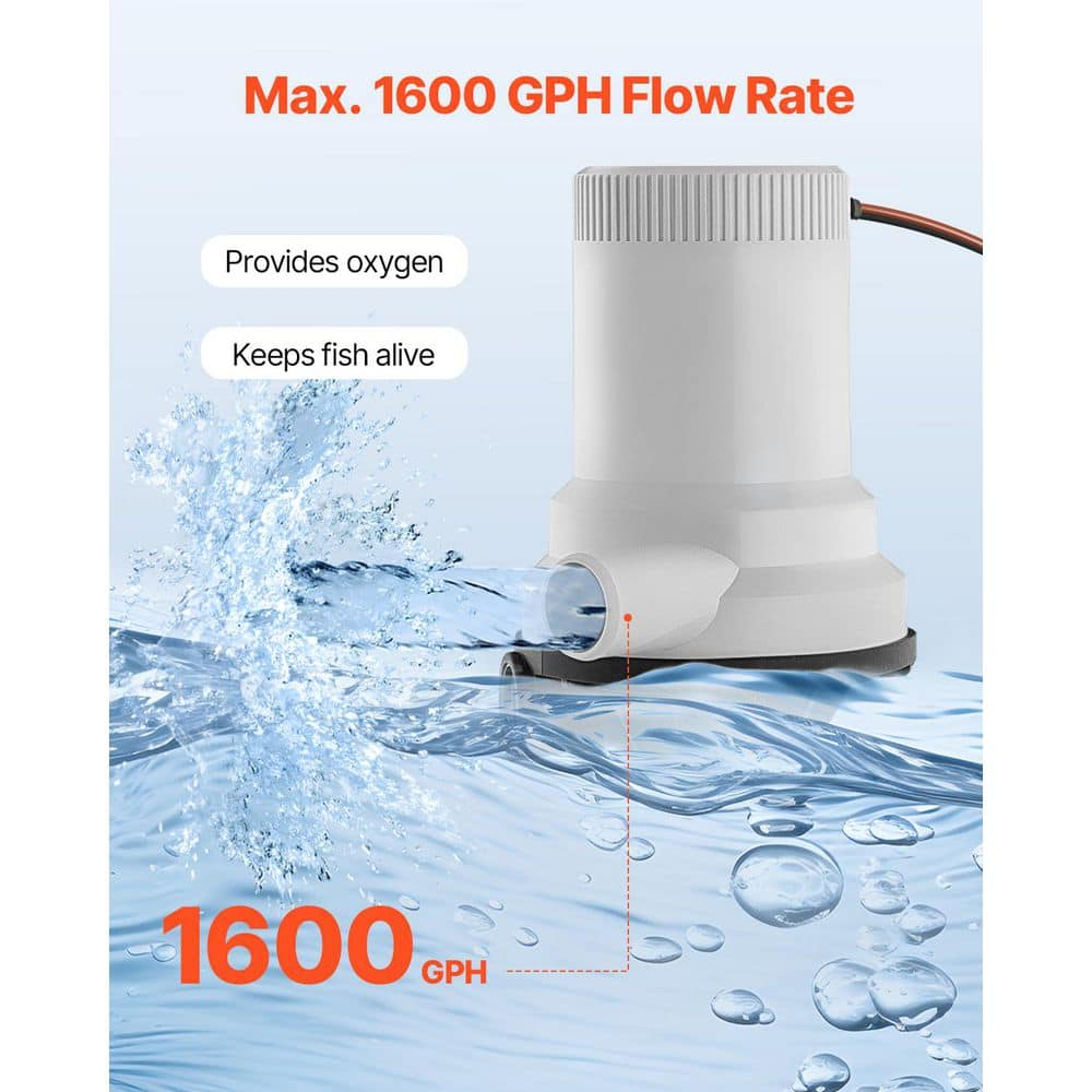 Livewell Pump for Boat 12V 1600 GPH Straight Livewell Aerator Pump with Dual Inlet ABA Housing for Freshwater Saltwater