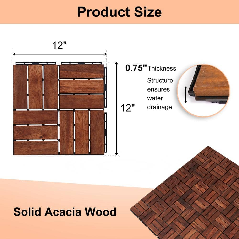 12" x 12" Brown Acacia Wood Interlocking Deck Tiles Set