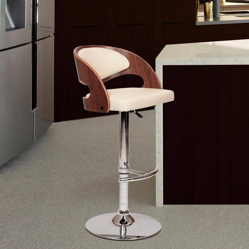 Malibu Swivel Barstool In Cream PU/ Walnut Veneer and Chrome Base