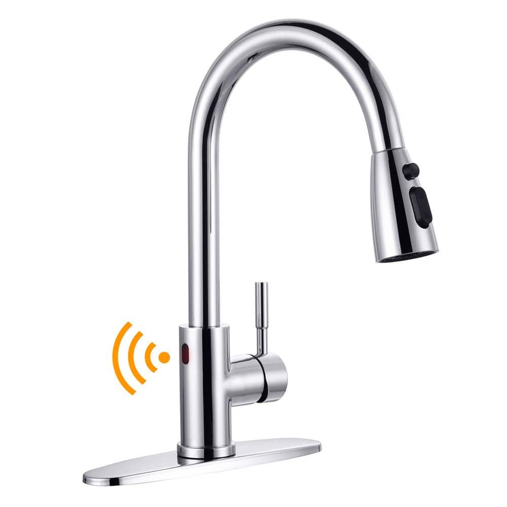 Touchless Kitchen Faucet Stainless Steel: WOWOW Smart Motion Sensor Kitchen Sink Faucet with Sprayer, Automatic Hand-Free Polished Chrome Kitchen Faucet for Sink 1 or 3 Hole