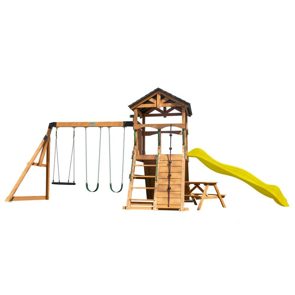 Backyard Discovery Endeavor II Cedar Wood Swing Set, Slide, Play Deck, Double Rock Wall