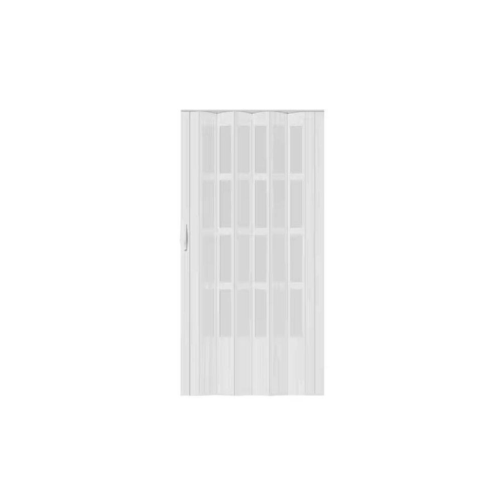 Upgrade Dual Layer Vinyl Accordion Door with Handles and Magnetic Door Lock, 4-Lite Frosted Acrylic Glass, White
