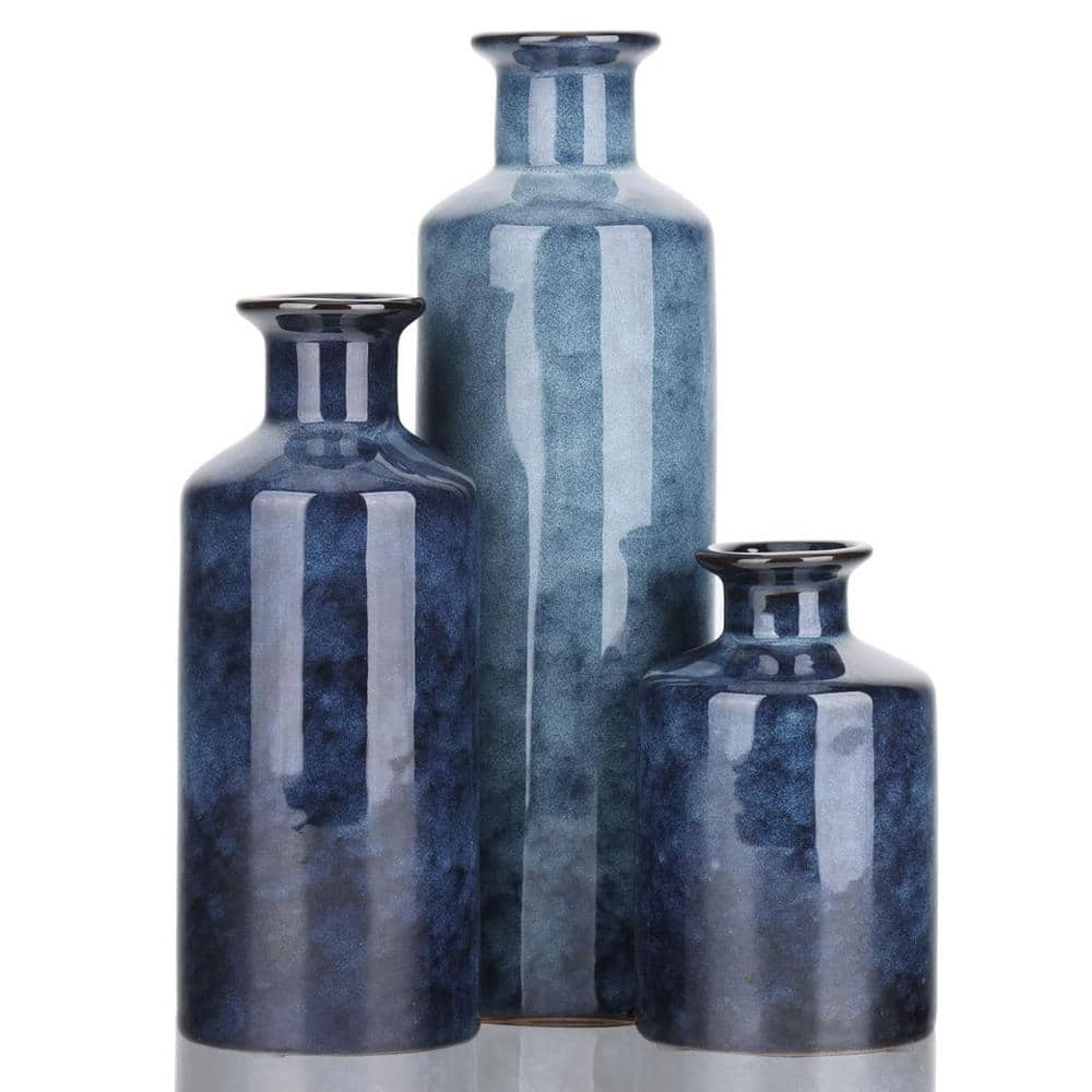Blue Ceramic Vase Set for 3 - Modern Waterproof Small Vases, Farmhouse Country Home Decor, Living Room, Table, Fireplace, and Entrance Centerpieces
