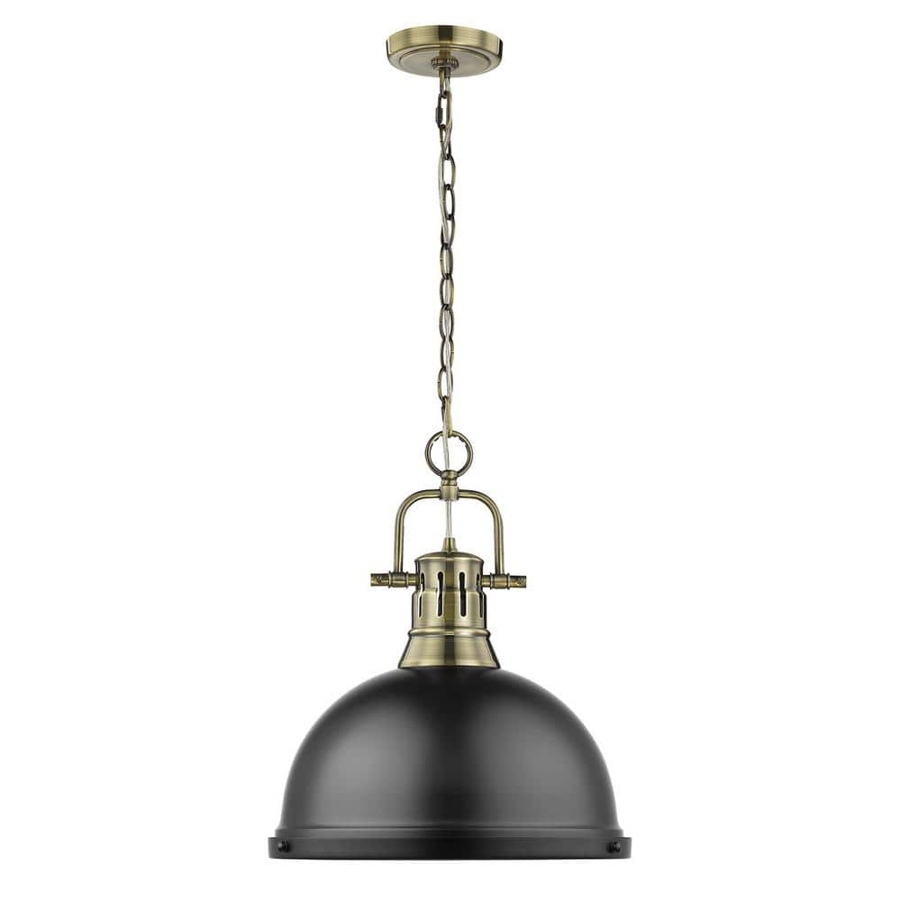 Golden Lighting Duncan 1-Light Large Pendant with Chain in Aged Brass with Matte Black