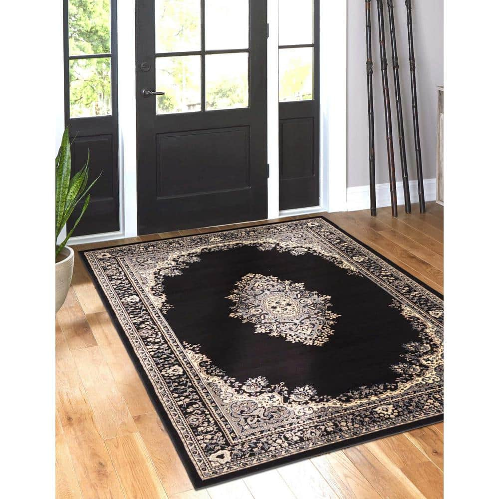 Unique Loom Reza Collection Traditional Persian Style Area Rug, Rectangular 5' 0" x 8' 0", Black/Beige