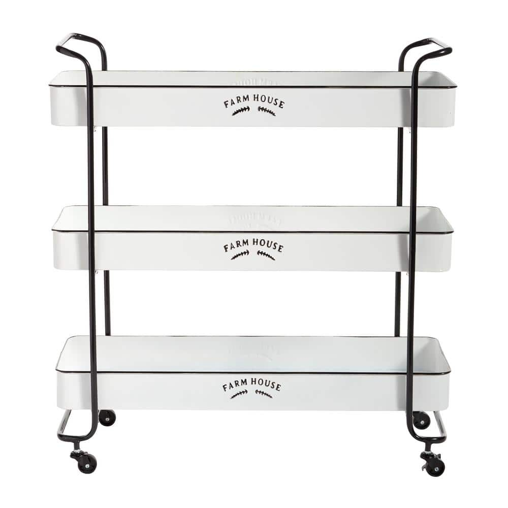 DecMode 32" x 35" White Metal Kitchen Rolling 3 Shelves Bar Cart with Black Accents and Farm House Design, 1-Piece