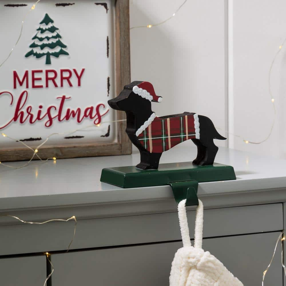 Plaid Dachshund Wooden and Metal Christmas Stocking Holders, Set of 2