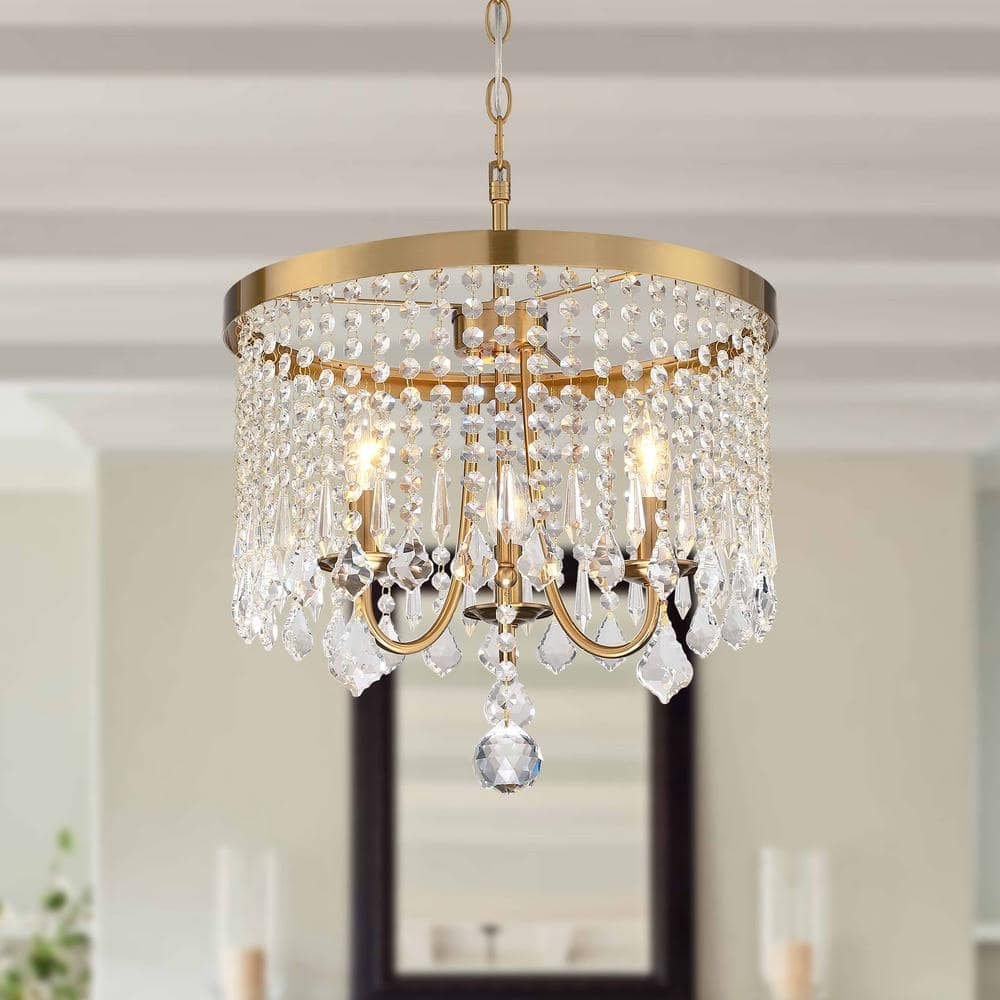 3-Light 16.25 in Antique Brass Finish Crystal Chandelier
