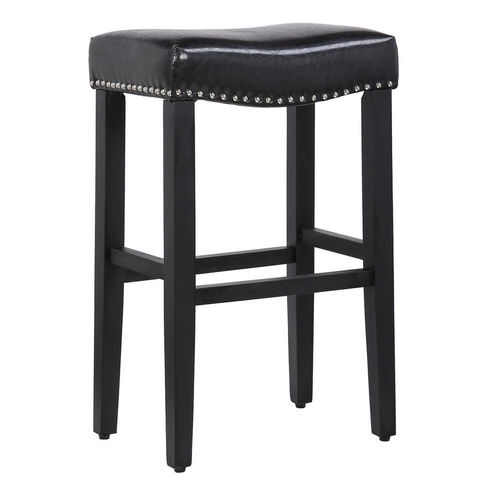 29" Inch Upholstered Backless Saddle Seat Counter Stool, Black/Leather