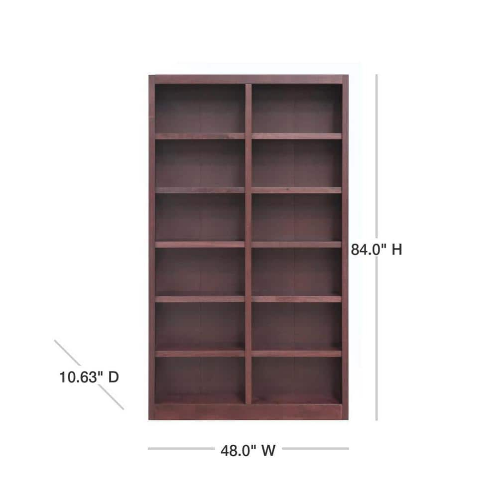 12 Shelf Double Wide Wood Bookcase, 84 inch Tall - Cherry Finish