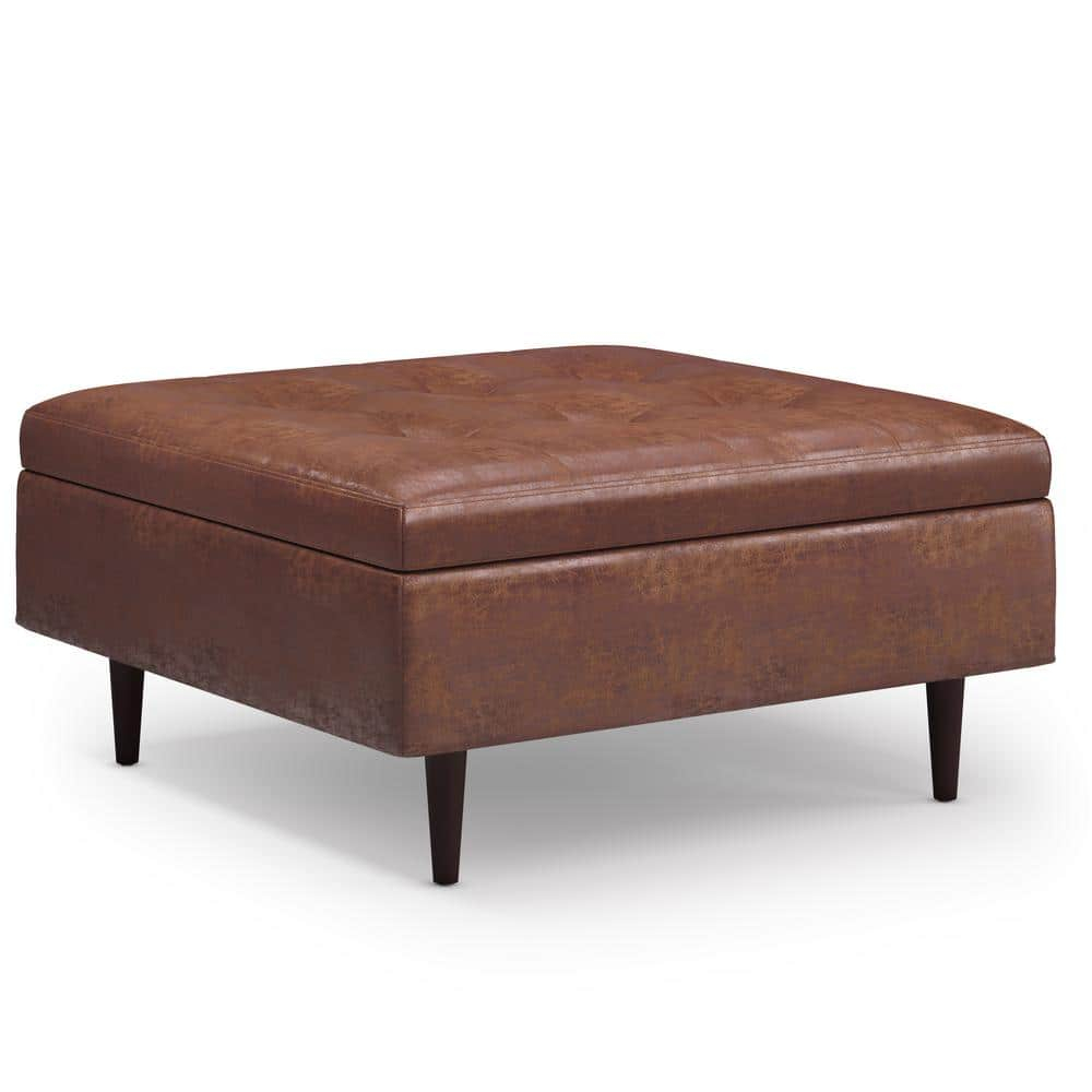 Simpli Home Shay 38 inch Wide Mid Century Modern Square Mid Century Large Square Coffee Table Storage Ottoman in Distressed Saddle Brown Vegan Faux Leather