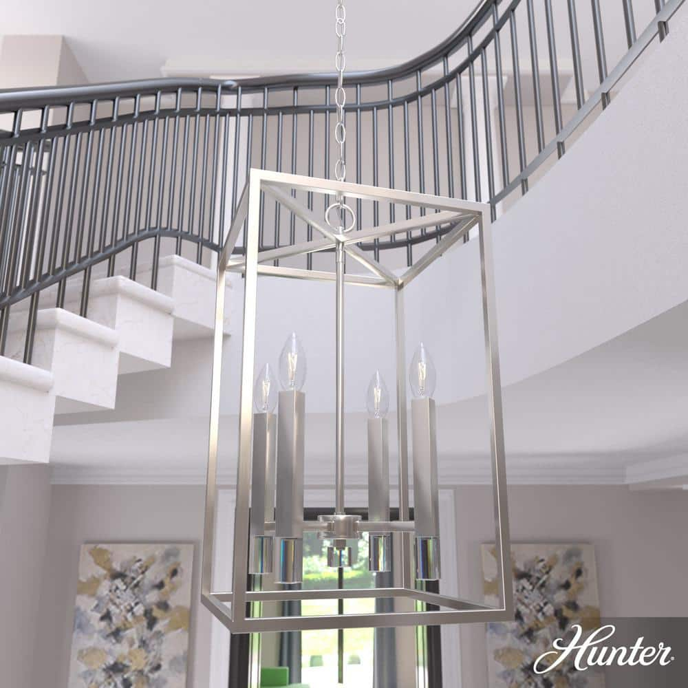 Hunter - Sunjai 4-light Brushed Nickel, Medium Size Pendant Light, Dimmable, Formal Style, Rectangle Shaped, for Bedrooms, Kitchens, Dining, Living Rooms - 19987