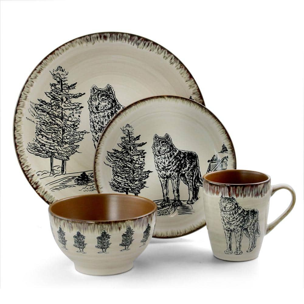Elama Majestic Wolf 16 Piece Round Stoneware Dinnerware Set in Taupe