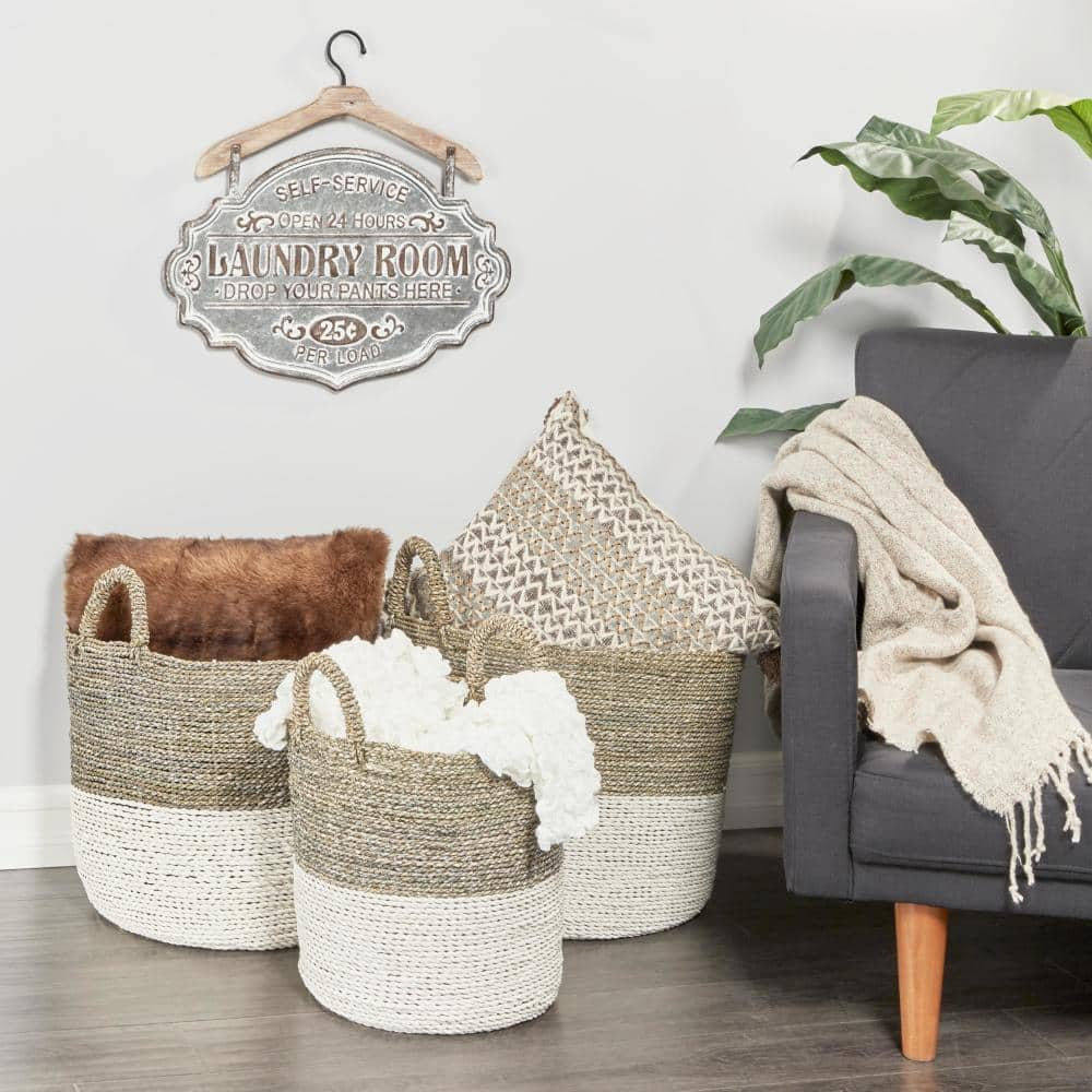 DecMode 17", 16", 14" White Sea Grass Contemporary Storage Basket, 3 - Pieces