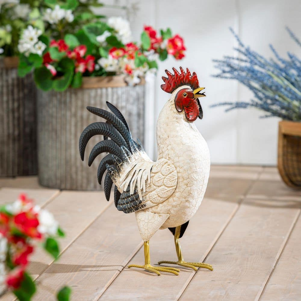14 in. H Metal Rooster with Light Feathers Garden Statue