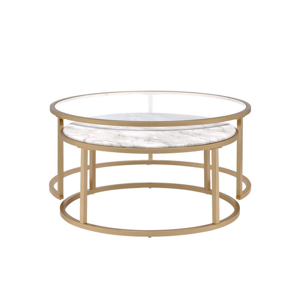 Metal Framed Nesting Coffee Tables with Glass and Marble Tops Set of Two Gold - Saltoro Sherpi