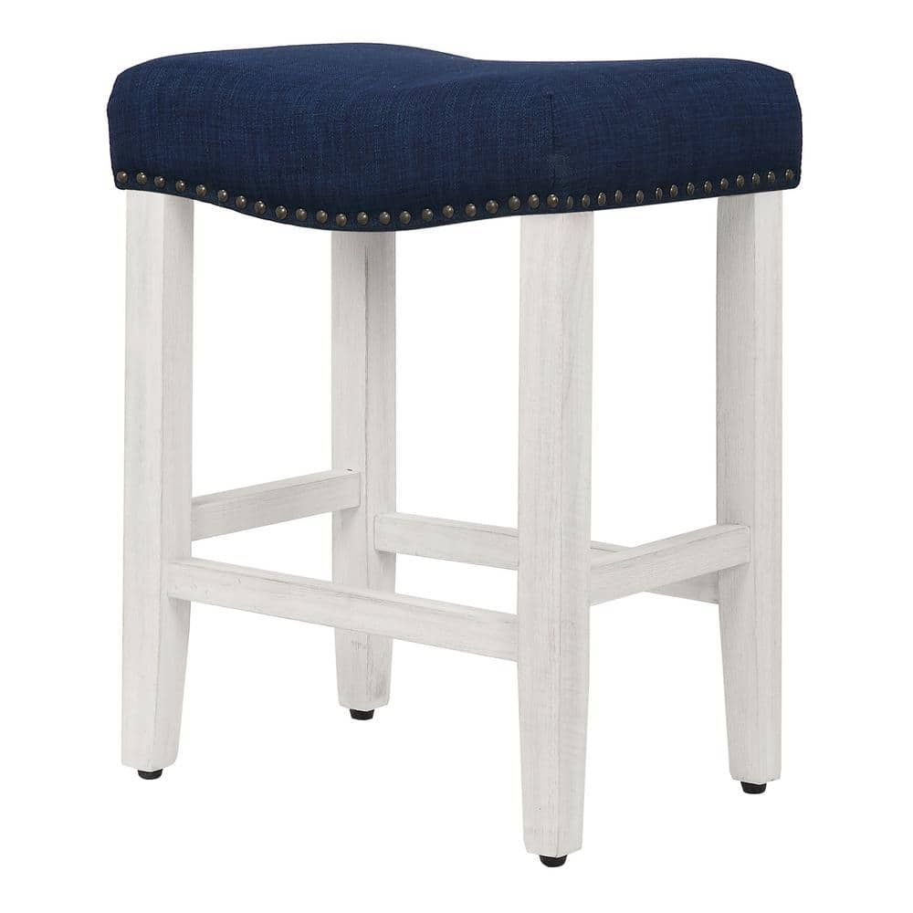 Polytrends Jameson Upholstered Polyester Antique White 24 Inch Counter Stool Antique White/Navy Blue Wood Wood Footrest Foam Modern & Contemporary