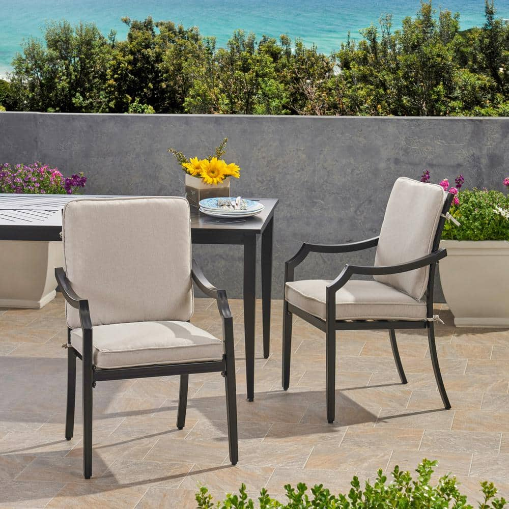 Noble House San Diego Patio Dining Arm Chair in Black and Beige (Set of 2)