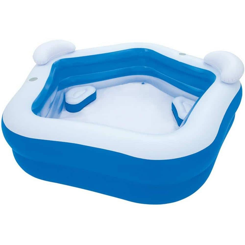 84 in. L x 82 in. W x 27 in. H Blue 2-Seat Rectangle Inflatable Pool Family Paddling Pool with Headrest Cup Holder