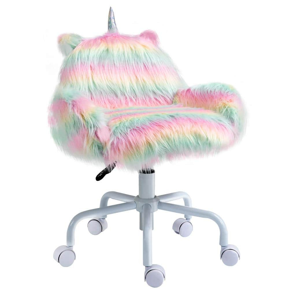 Canddidliike Fluffy Unicorn Office Chair, Desk Chair with Mid-Back and Armrest Support, Desk Chair with 5 Star Swivel Wheel White Base, Multicolored