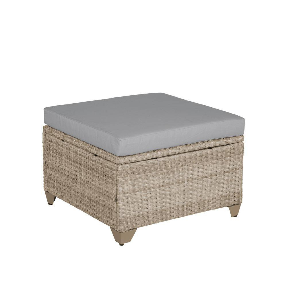 Maui Natural Aged Wicker Outdoor Ottoman with Stone Cushion