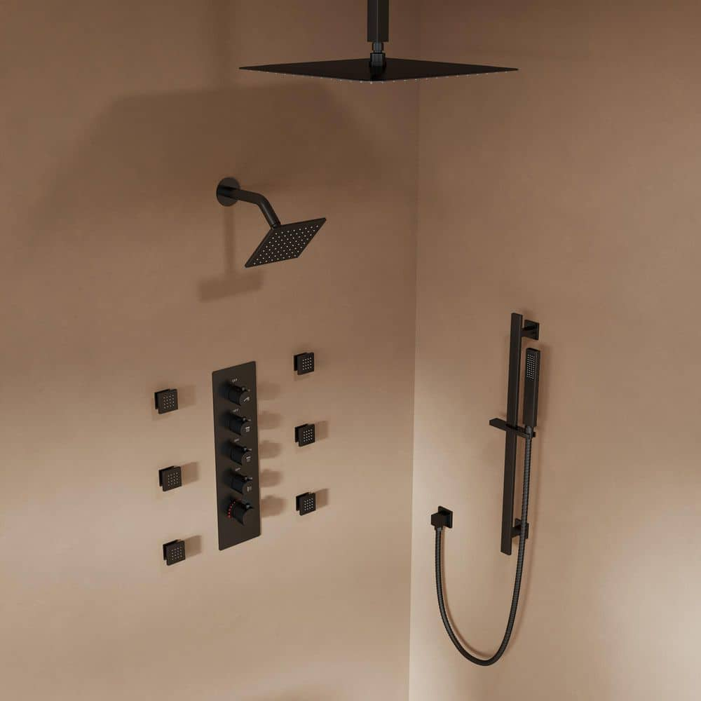 GRANDJOY 16 inch Complete Dual Shower Head System, Celling Mounted Shower Faucet Set with Hand Shower Head, Rough in-Valve, 6 Massage Body Jets - Matte Black