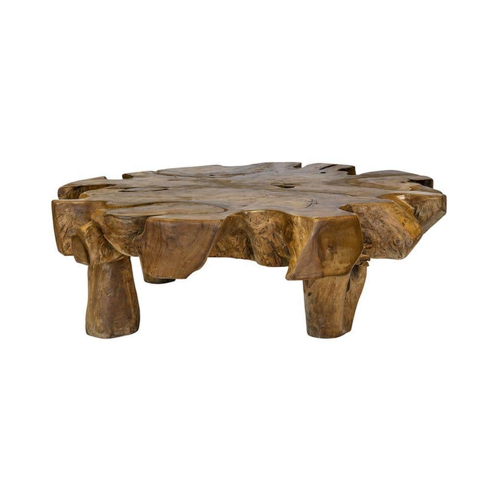 Benjara 47 Inch Coffee Table, Teak Root Frame, Natural Wood Grains, Classic Brown