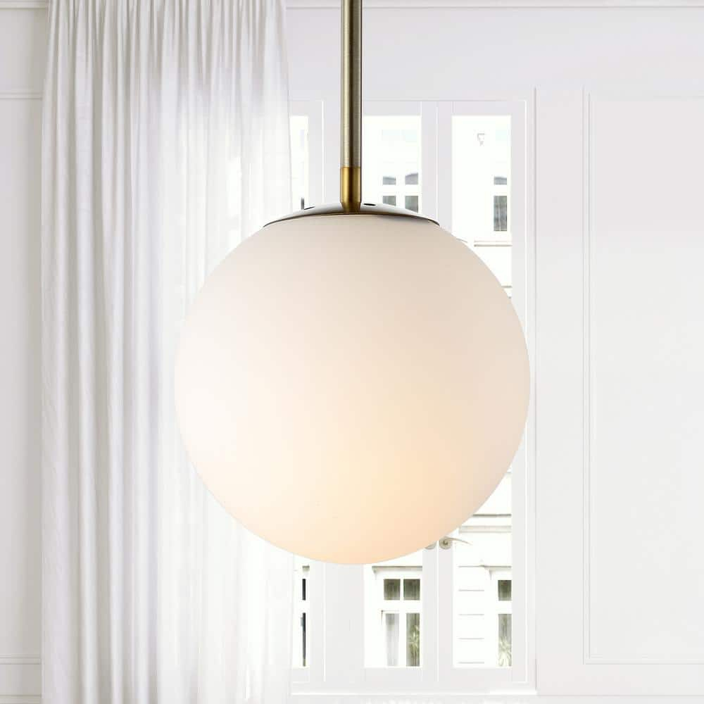 Bleecker 7.75" Metal/Glass Globe LED Pendant, White/Brass
