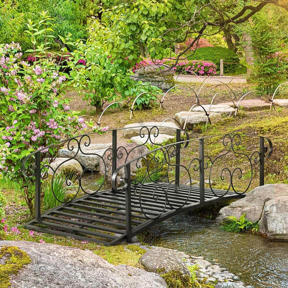CoSoTower 6' Metal Arch Backyard Garden Bridge, Safety Siderails, Arc Footbridge for Backyard Creek, Stream, Pond, Black