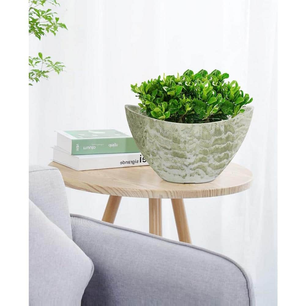 Green Oval Lightweight Plastic Indoor/Outdoor Planter Set with Drainage Holes