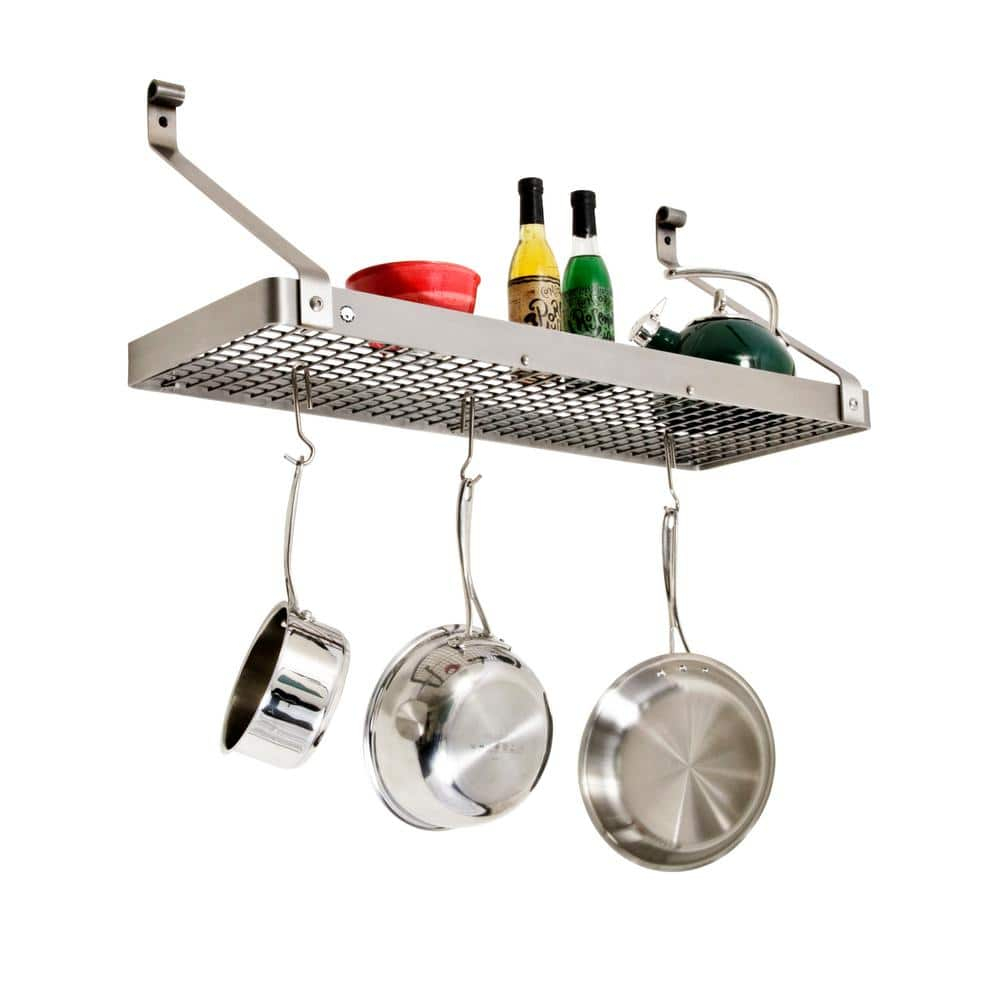 Handcrafted 30 in. Gourmet Deep Bookshelf Wall Rack with 12-Hooks Stainless Steel