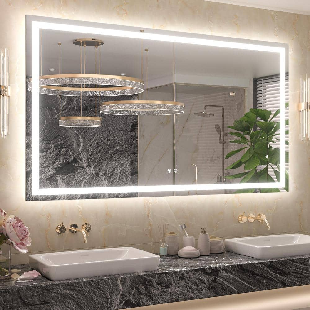 Keonjinn LED Bathroom Mirror 60 ” x 36 ” with Frontlit & Backlit, Lighted Mirror with Stepless Dimmable 3-Color Lights, Bathroom Vanity Mirror with HD Tempered Glass, UL-Listed LED Driver, CRI90+