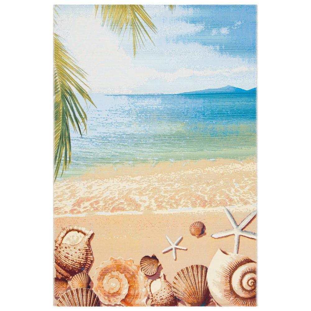 SAFAVIEH Barbados Sea Shells Outdoor Area Rug, 4' x 6', Gold/Blue