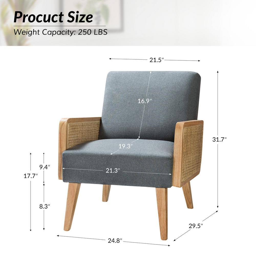 Farmhouse Accent Chair Rattan Armrests Fabric Upholstered Wooden Reading Armchair Living Bedroom Blue
